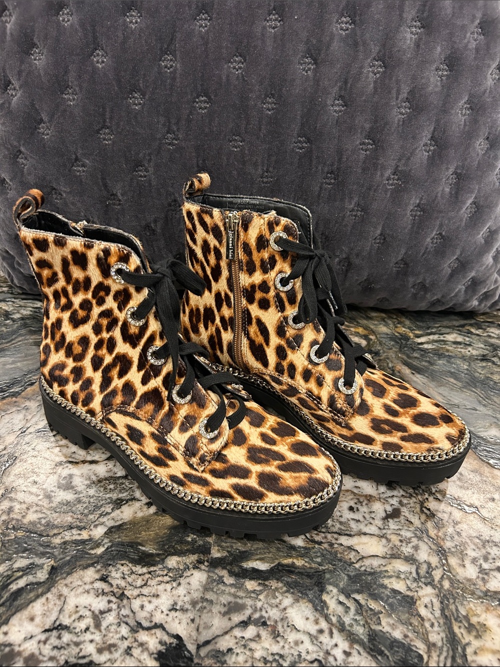 Gianni bini Leopard Calf Hair Lace-Up with Embellishments Boot- Women